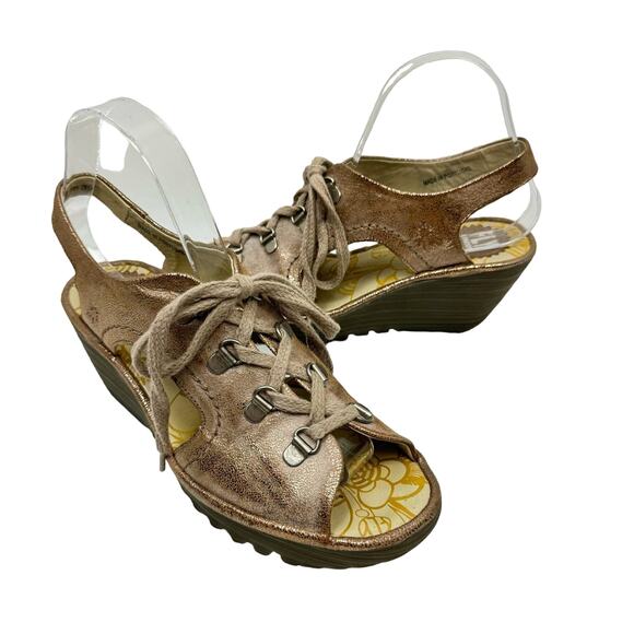 Fly London | YLFA Luna Metallic Leather Lace Up Peep Toe Slingback Wedge Sandals - Picture 1 of 12